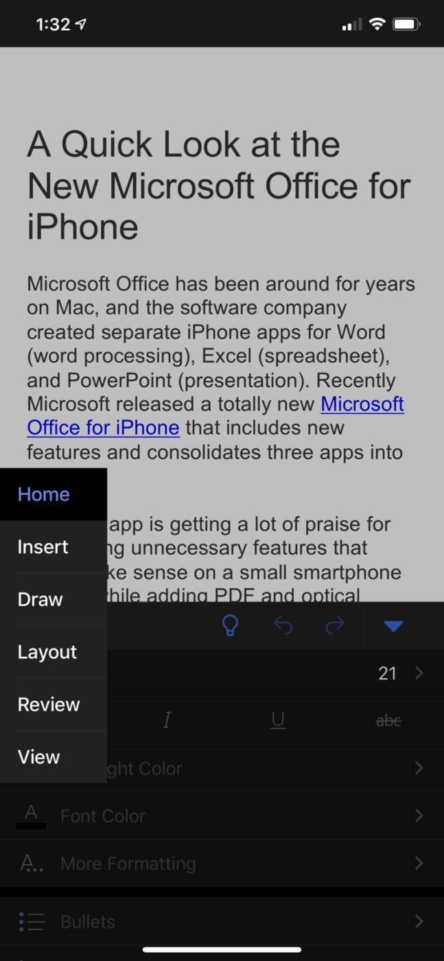 The Word functionality of Microsoft Office for iPhone packs a lot of power into a very well-designed user interface