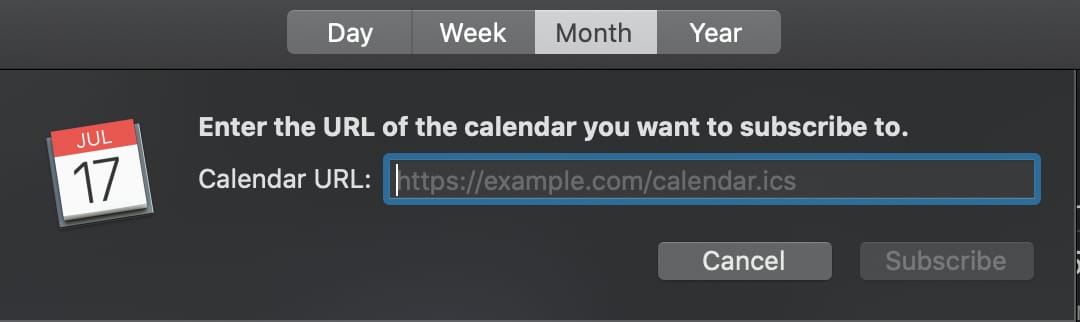 enter calendar url dialog box