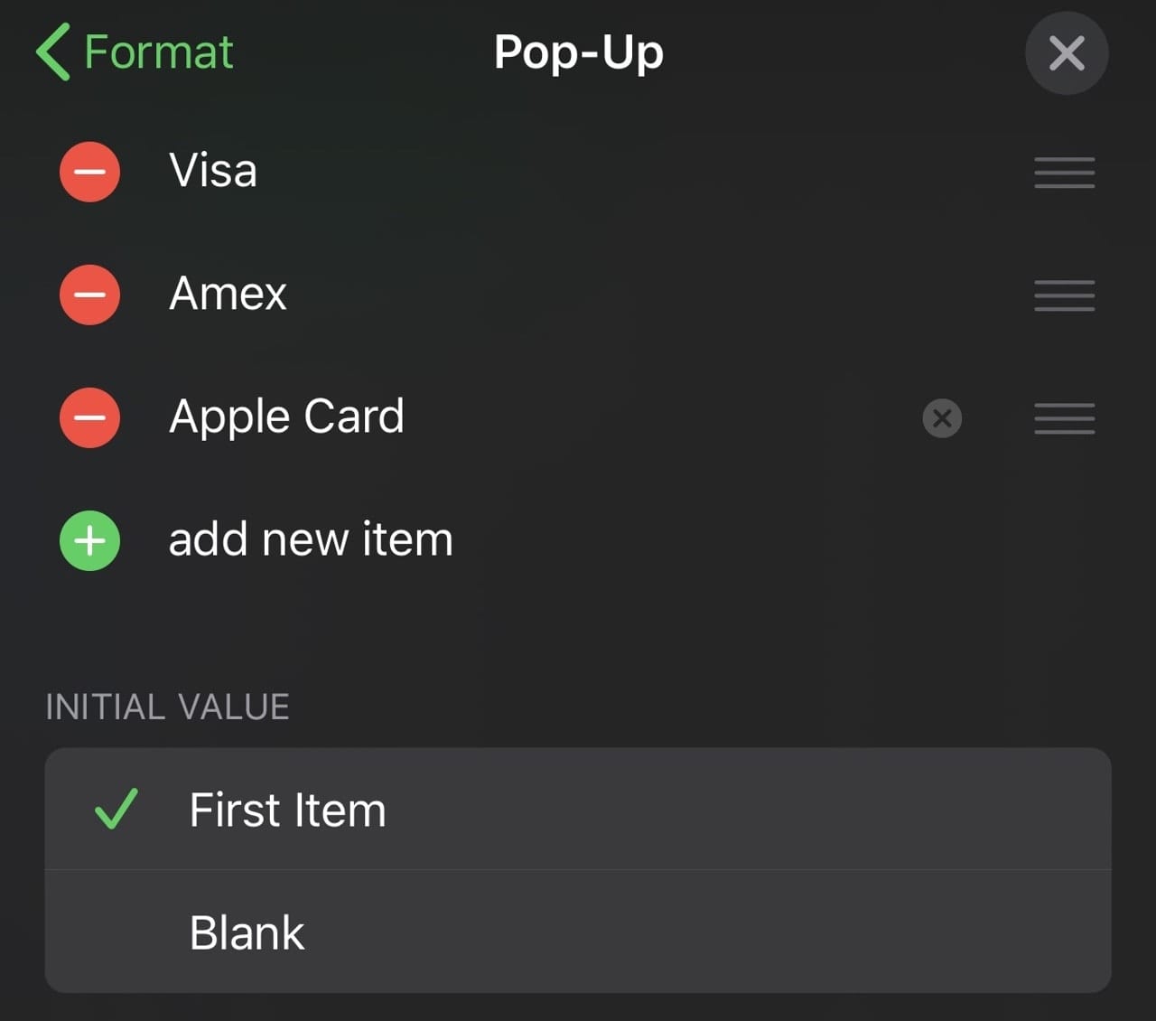 Creating the pop-up menu for "Card Used"