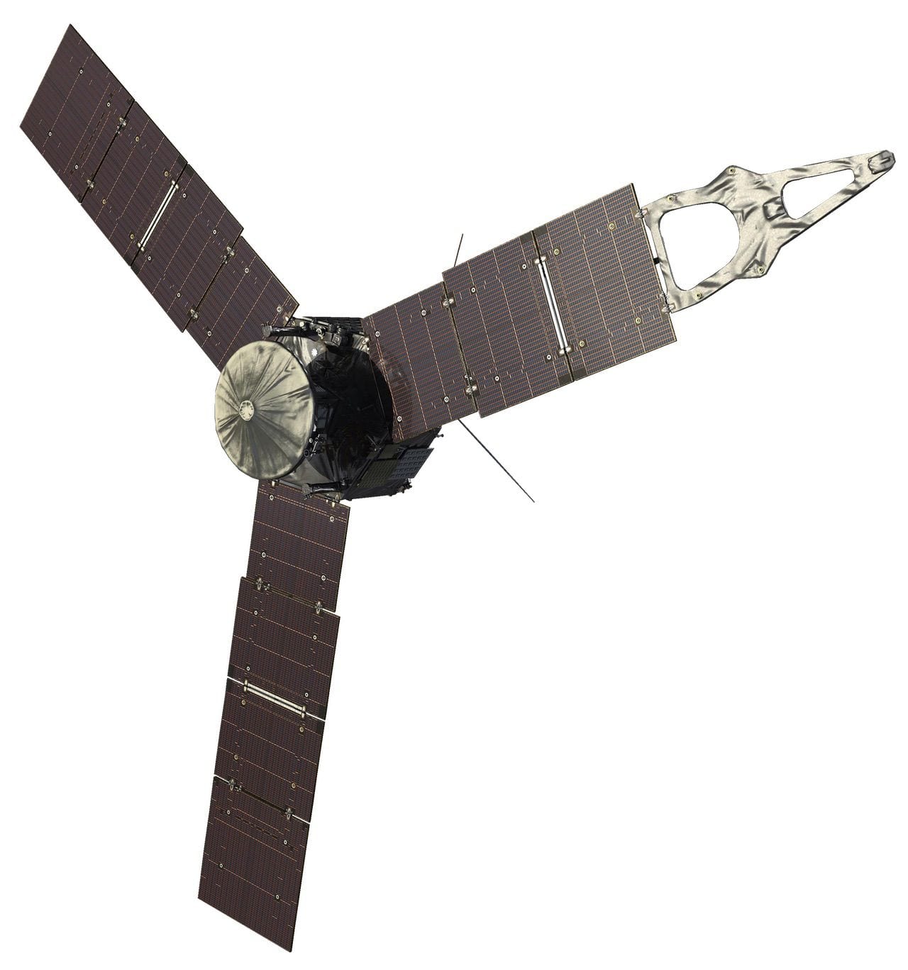 The Juno spacecraft, currently orbiting Jupiter. The three solar panels provide power and stabilization to the spacecraft. Artists rendering via NASA.