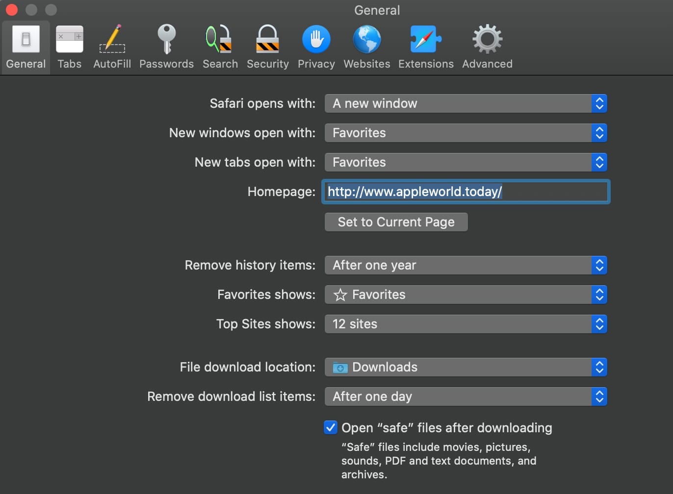Screenshot of Safari Preferences General Tab