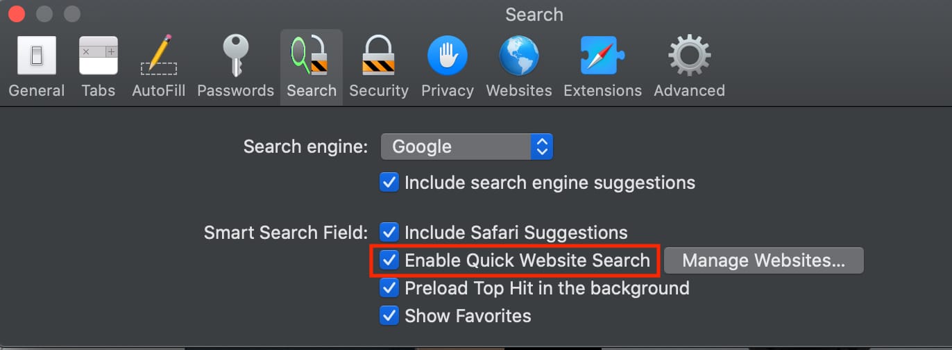 Screenshot of Safari Preferences Search Tab