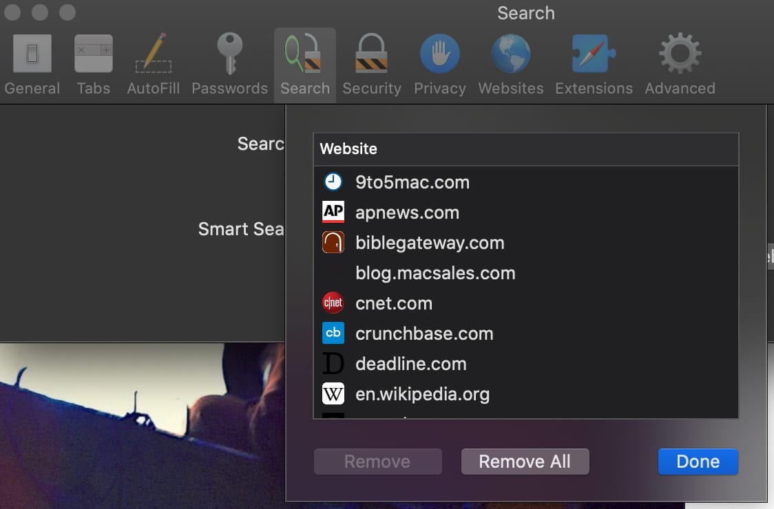 Screenshot of Safari Preferences Manage Websites