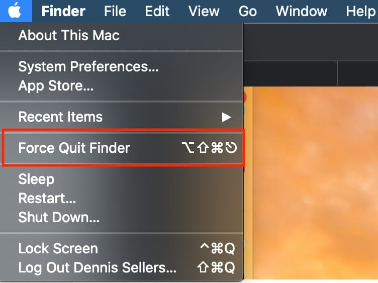 Screen shot of Apple menu with "Force Quit Finder" outlined with a red box