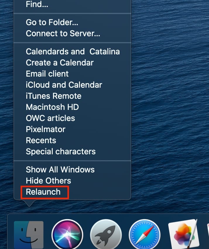 Screen shot of Finder right-click menu with "Relaunch" outlined with a red box