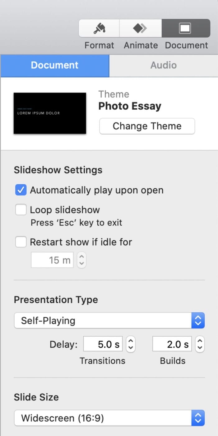 Controls for setting up a self-playing slideshow.