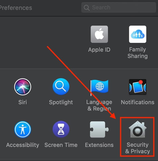 Security & Privacy icon highlighted in system preferences