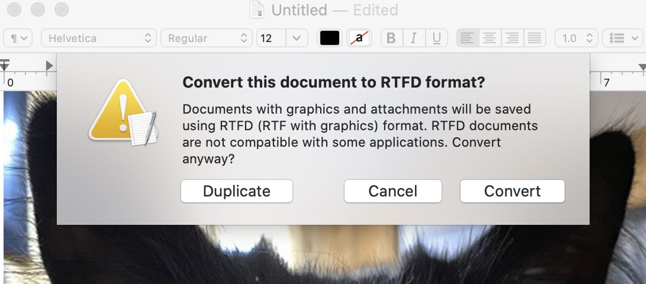 The first time a media item is added to the document, you'll be asked to convert the document to an RTFD format.