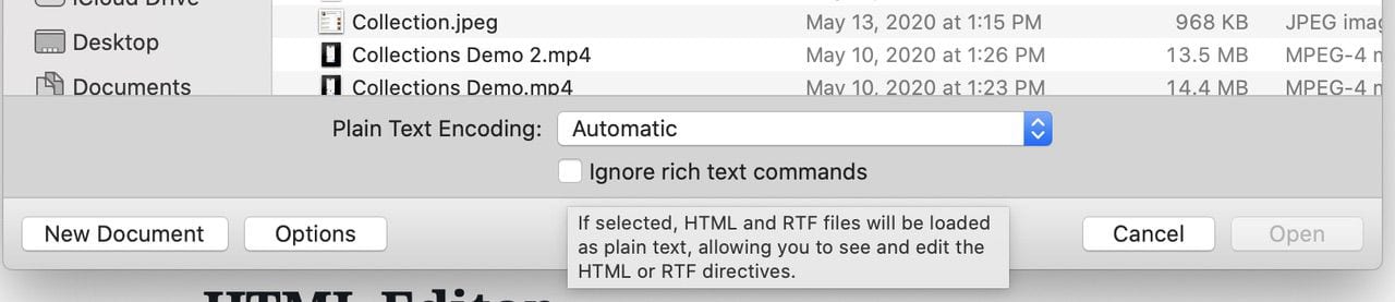 To open an HTML file for editing, be sure to click Options, then check the Ignore rich text commands check box.