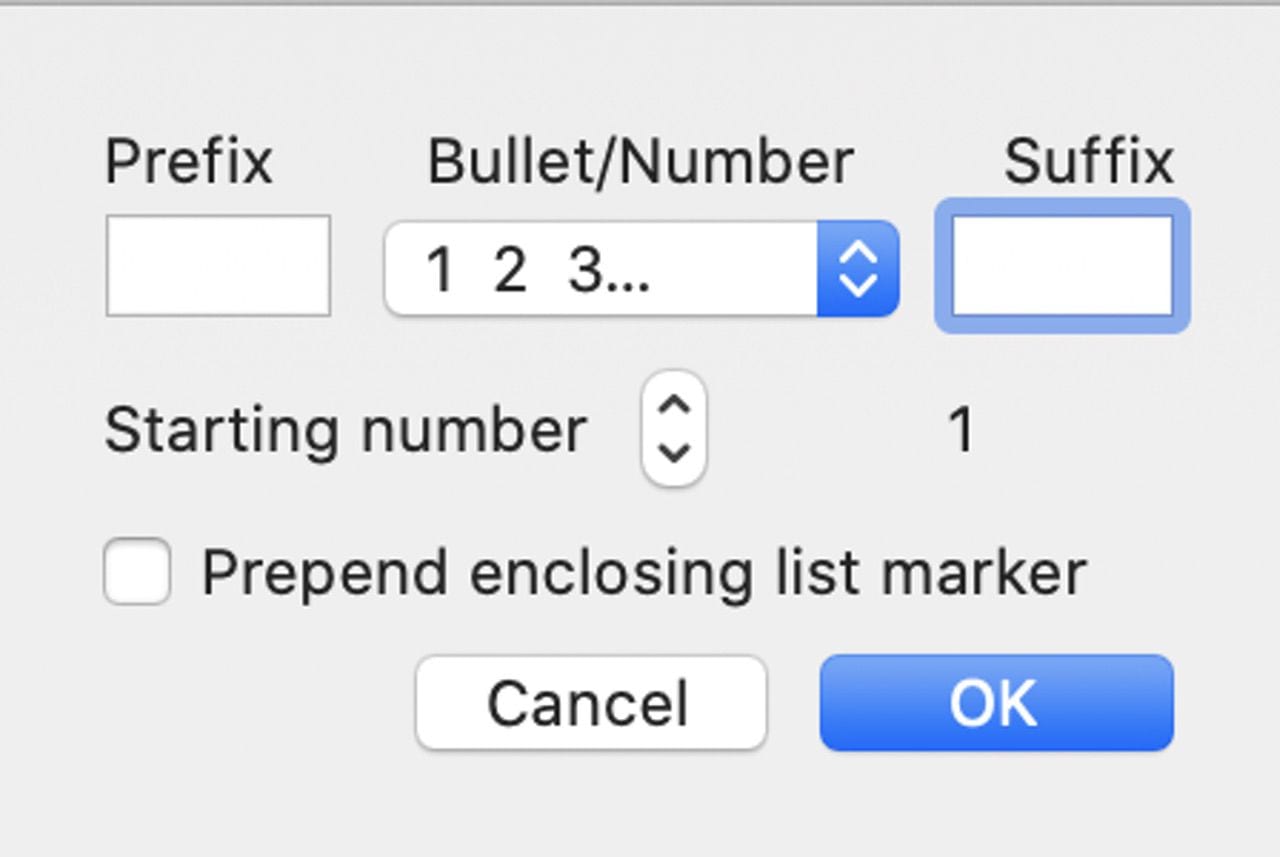 The List Bullets and Numbering dialog