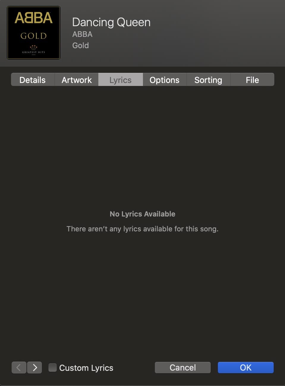 Get info screen from apple music app showing no lyrics for dancing queen by ABBA
