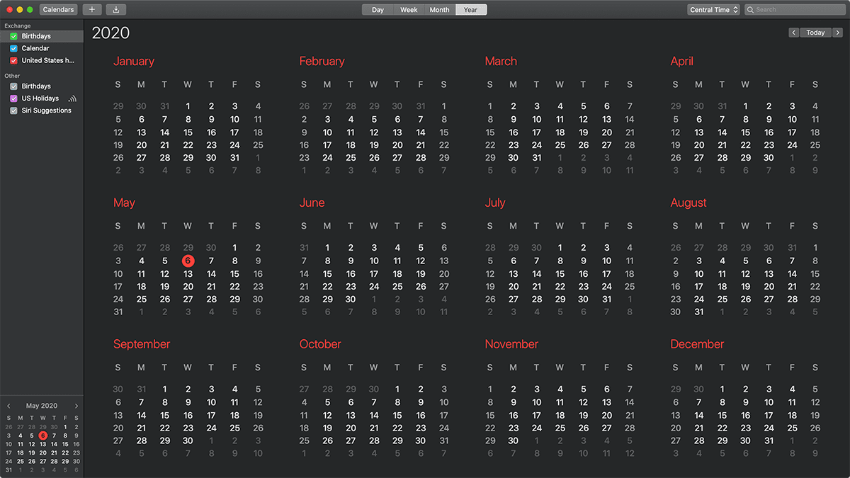 screen shot of macos calendar app