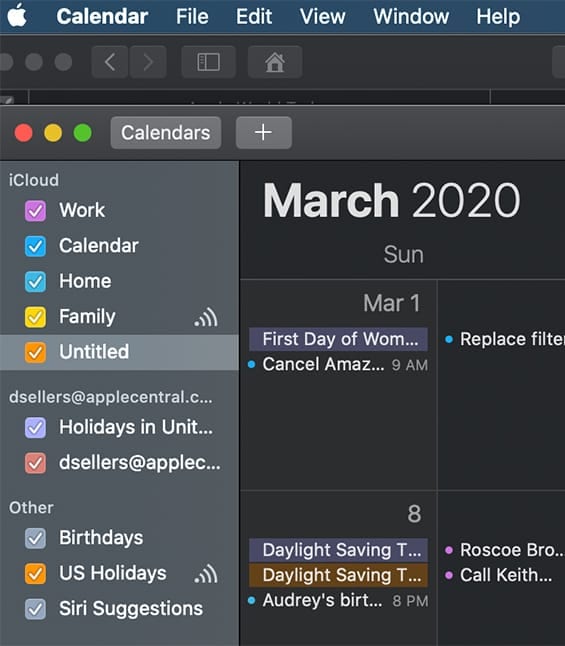 screen shot of macos calendar app