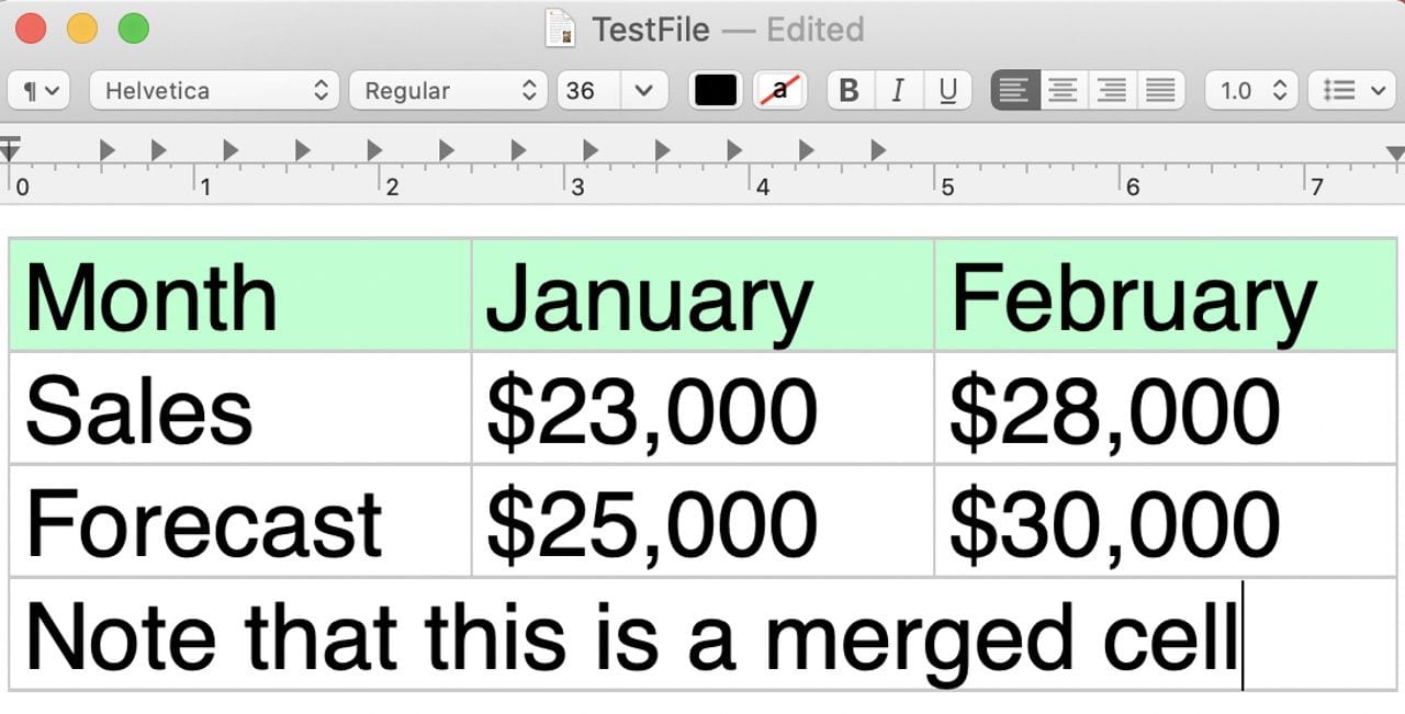 A sample table with a background color applied to one row and three cells merged into one on the fourth row