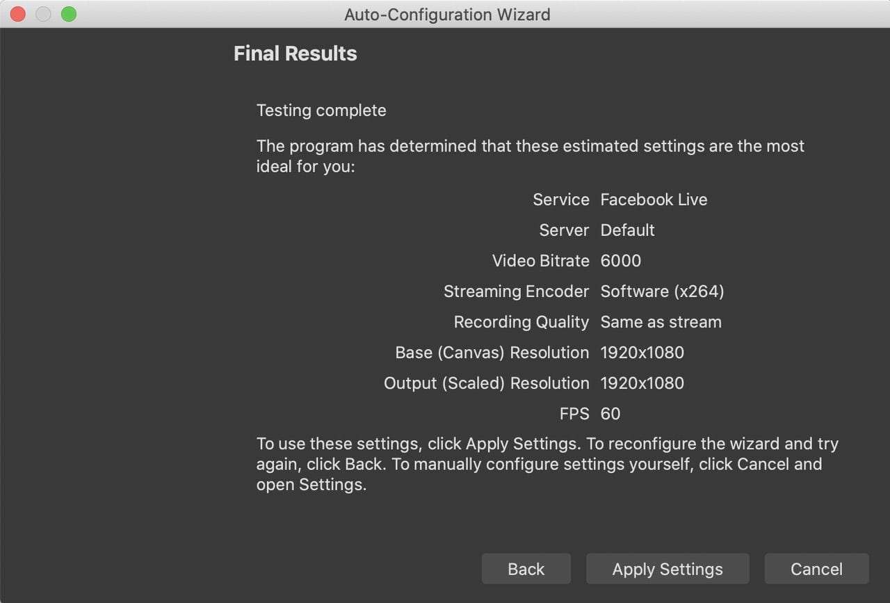 The OBS Auto-Configuration Wizard tests bandwidth and show suggested settings