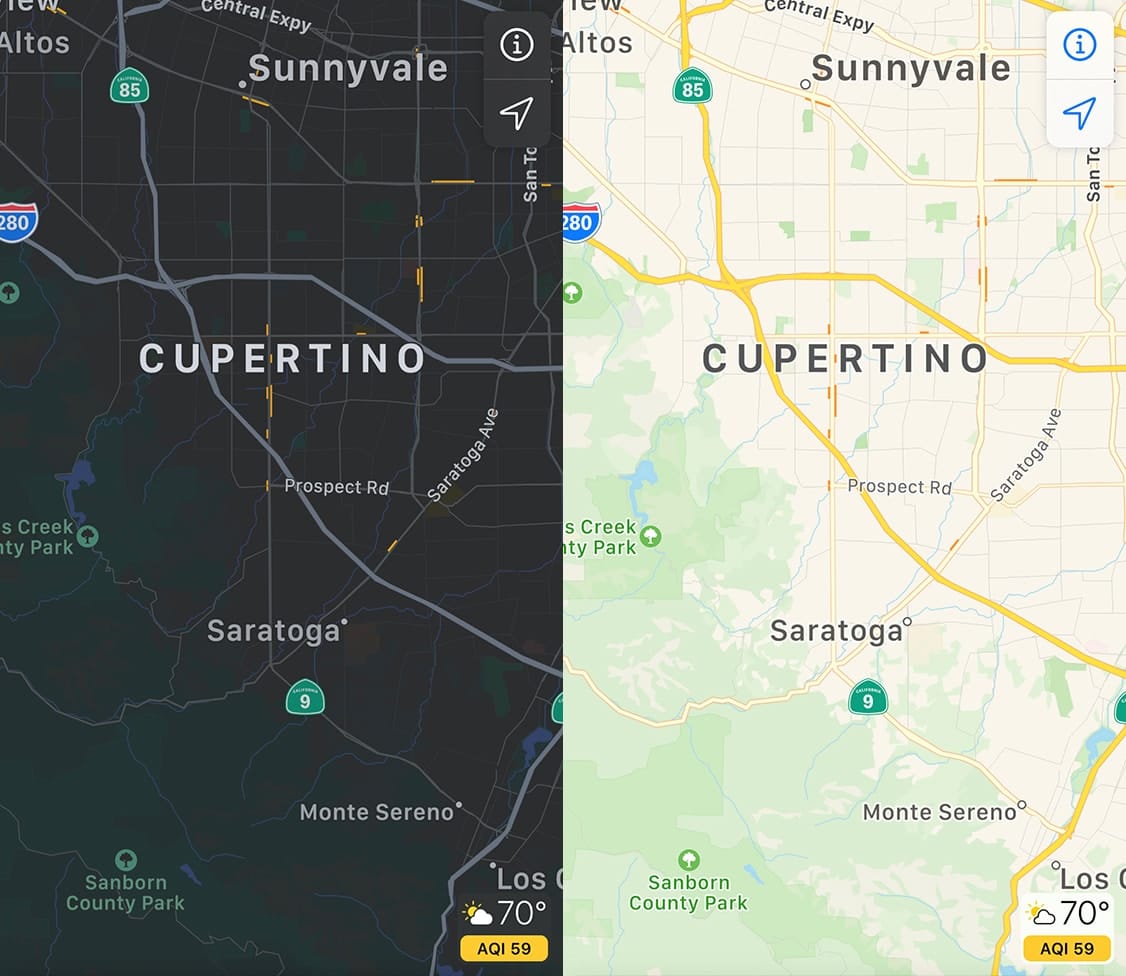 iOS Maps Showing Dark Mode Vs. Light Mode