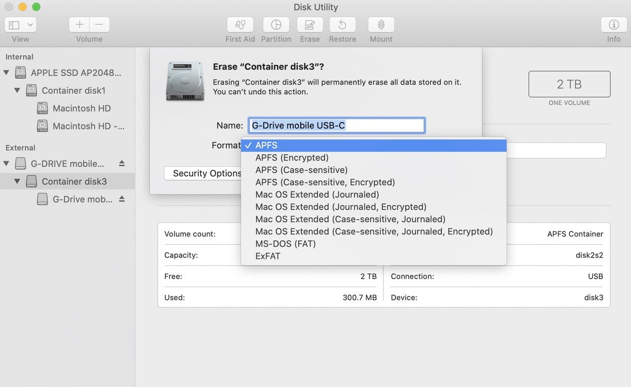 By selecting the APFS container -- not the volume -- we have the choice to format with HFS+