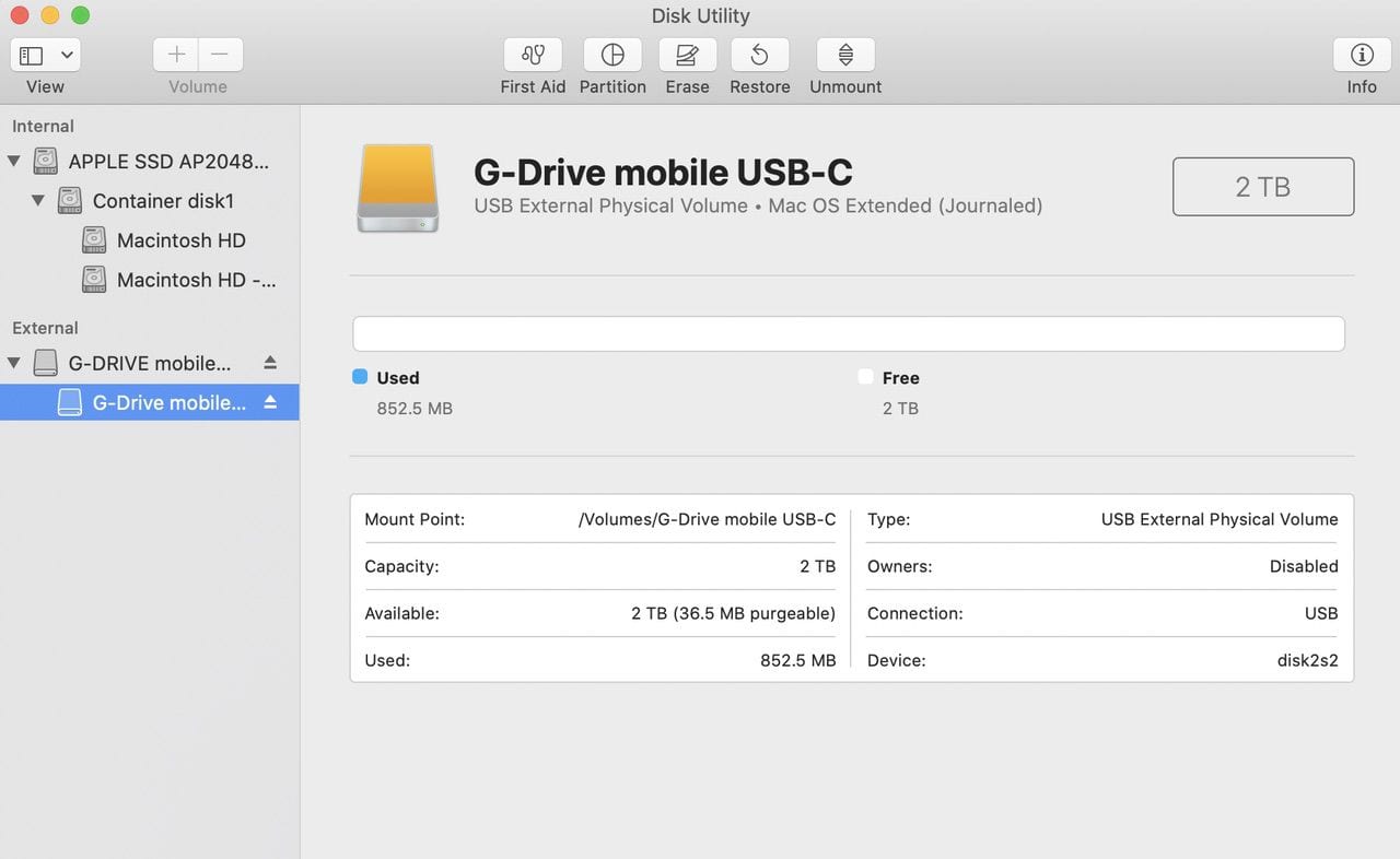Our drive is now formatted as HFS+ (Mac OS Extended (Journaled))