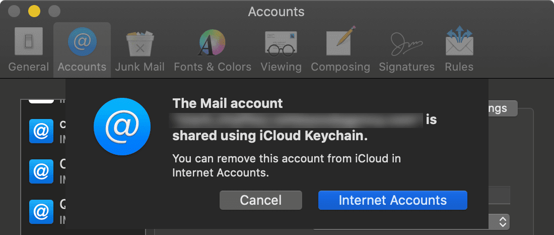 Mail pop-up showing internet accounts