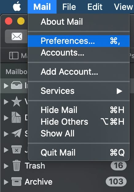 Mail menu with Preferences selected