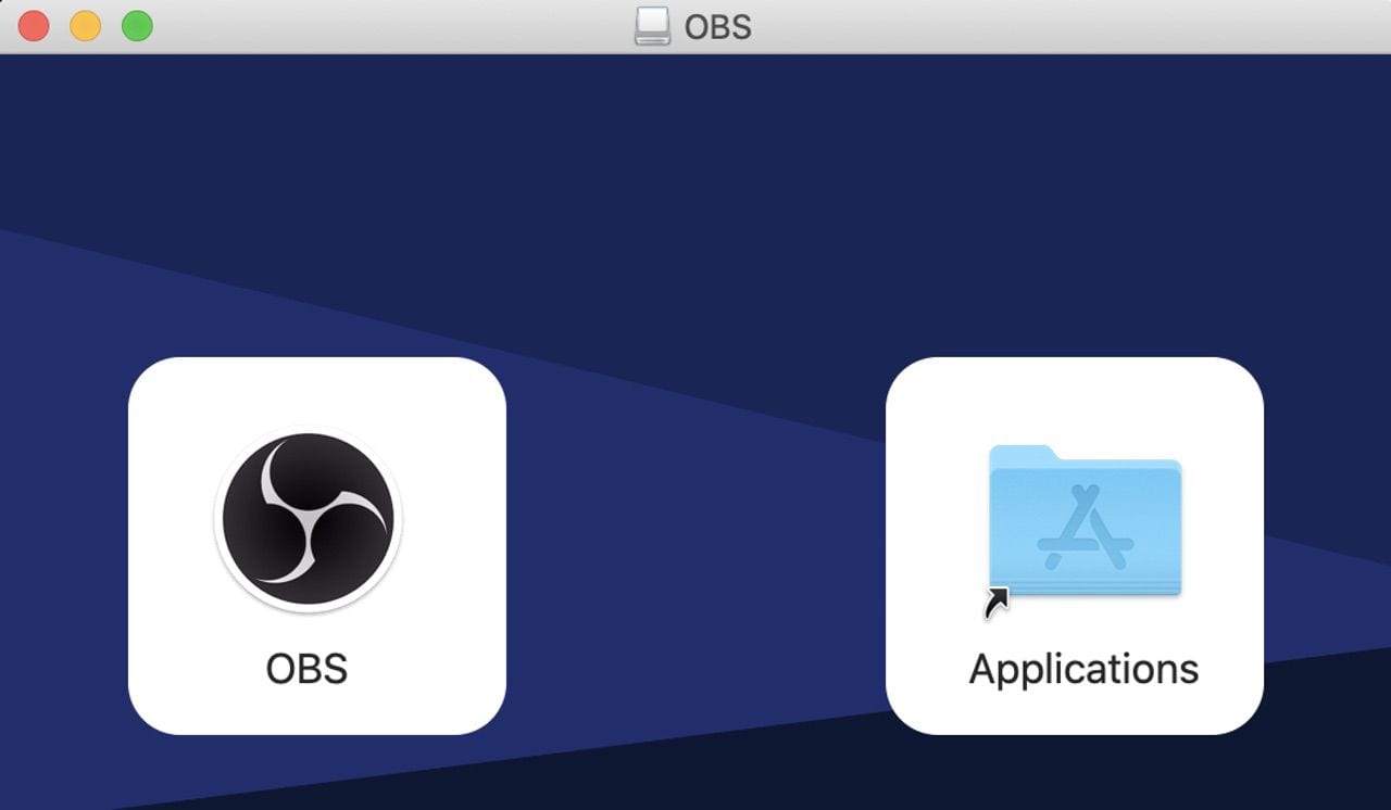 To install OBS on your Mac, just drag the OBS icon at left to the Applications folder icon on the right