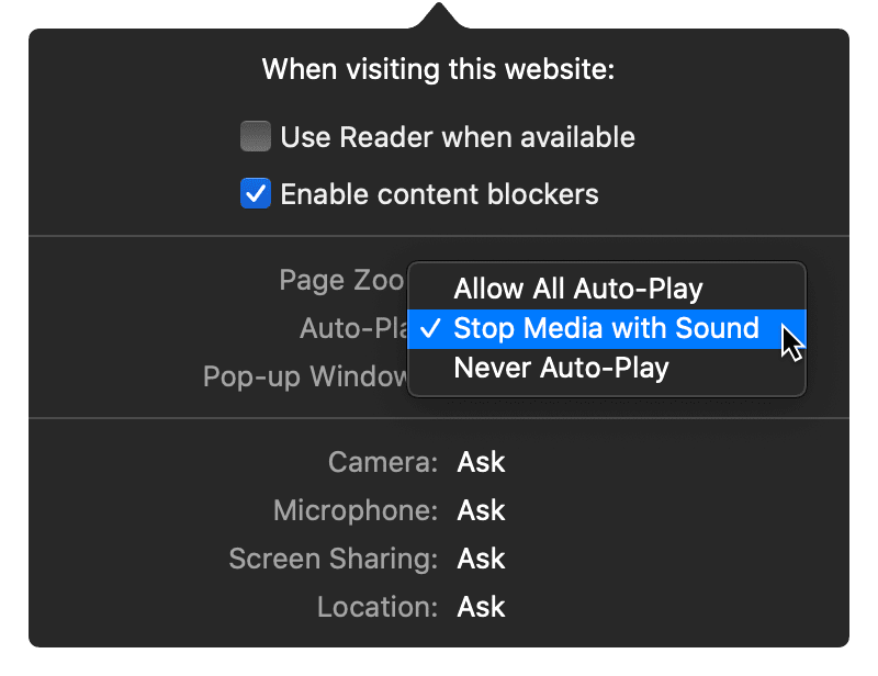 safari preferences websites autoplay