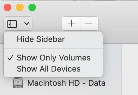 The View button reveals two choices: Show Only Volumes and Show All Devices