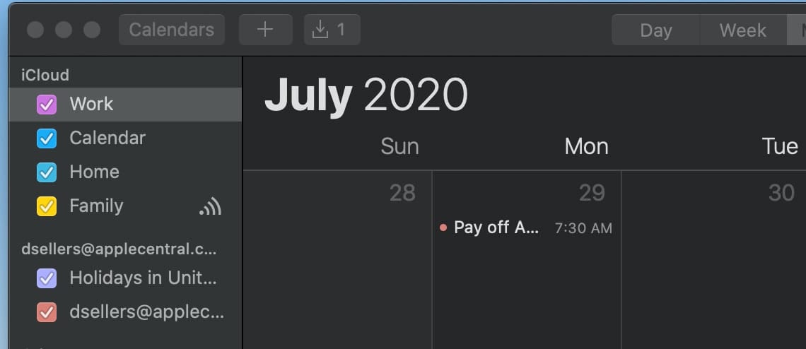 screenshot of macOS calendar app