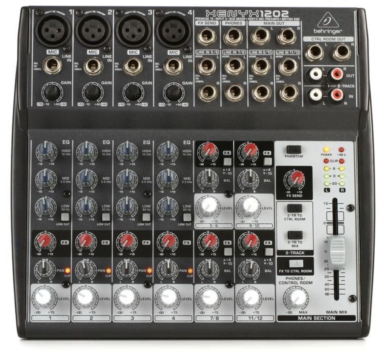 An inexpensive audio mixer for use in live-streaming, the Behringer Q1202USB