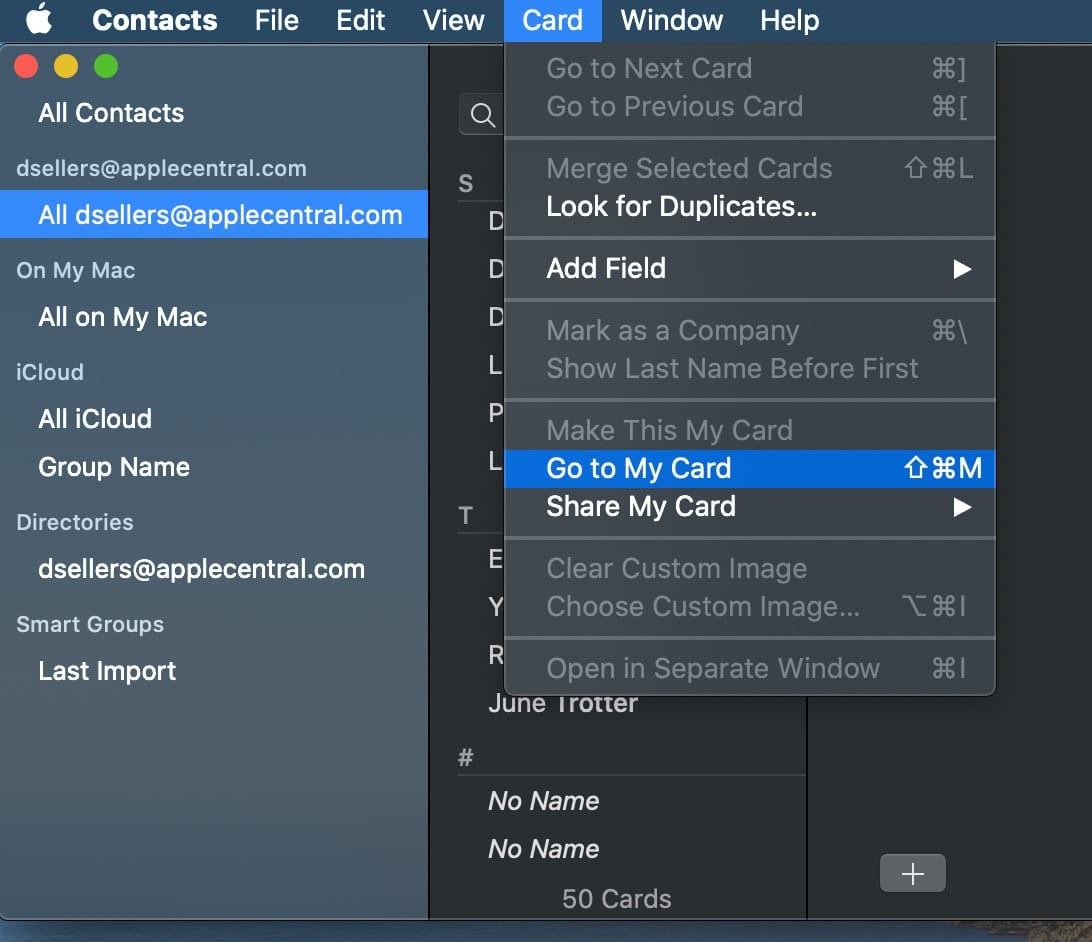 Go To My Card dropdown menu in macOS contacts