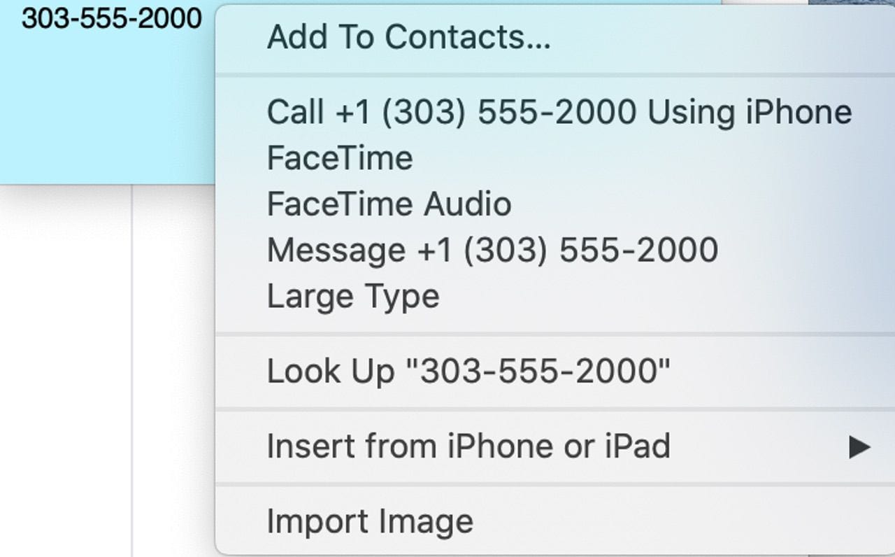 Right-click a phone number in Stickies for these actions to appear