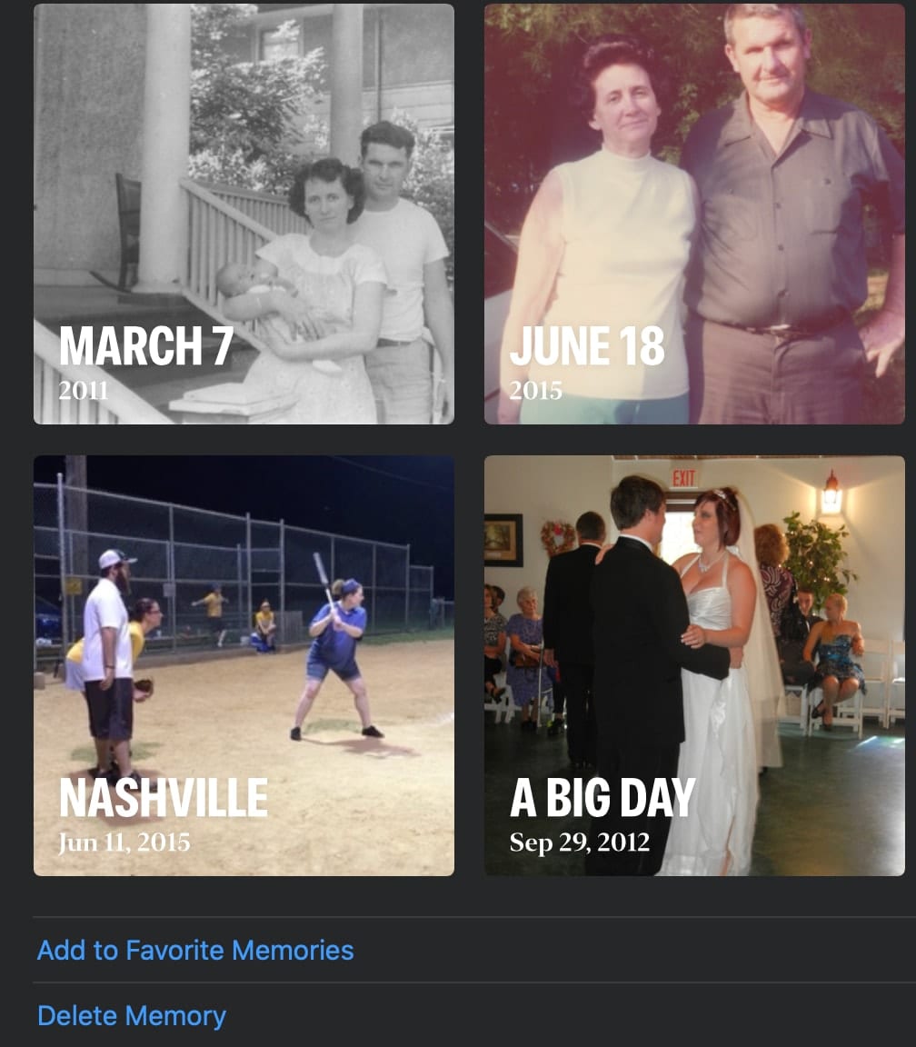 Favorites graphic from mac photos app with 4 items showing dates