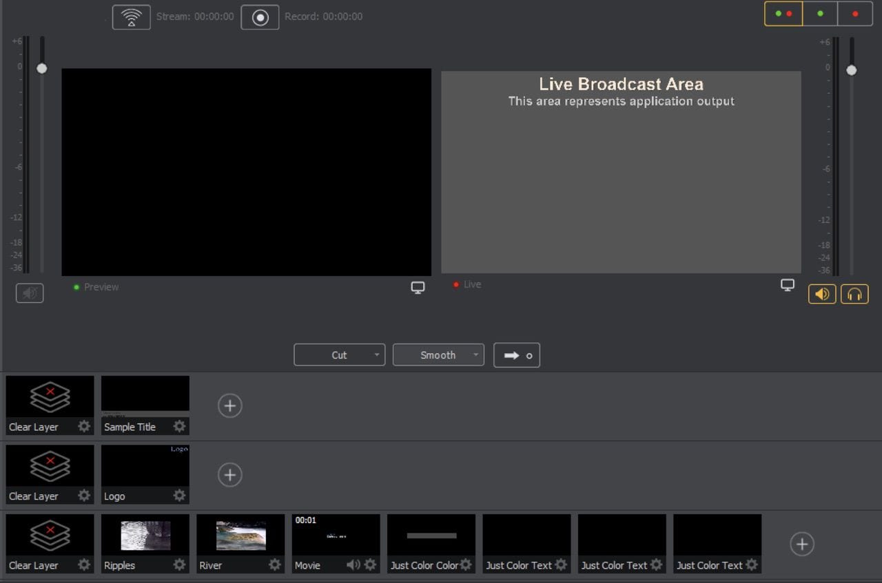 Wirecast uses the familiar preview and program windows, with up to five layers of video and other sources below