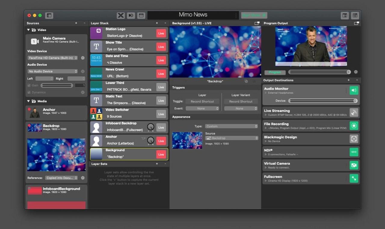 mimoLive, showing the "layer stack" of sources as well as a variety of output options