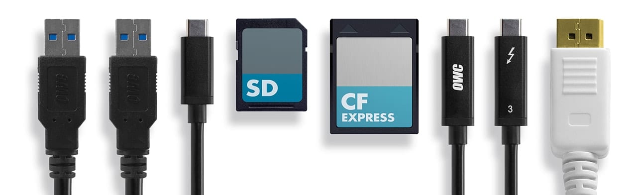 Image of USB cables, Thunderbolt 3 cables, SD card and CF express card