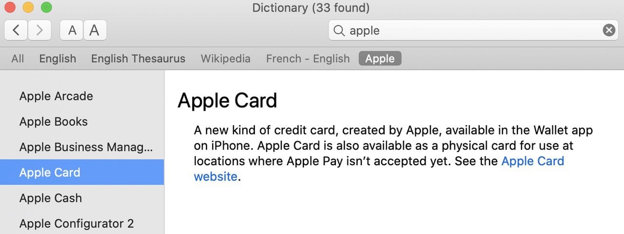 The Apple Dictionary shows a list of products or services beginning with the word Apple