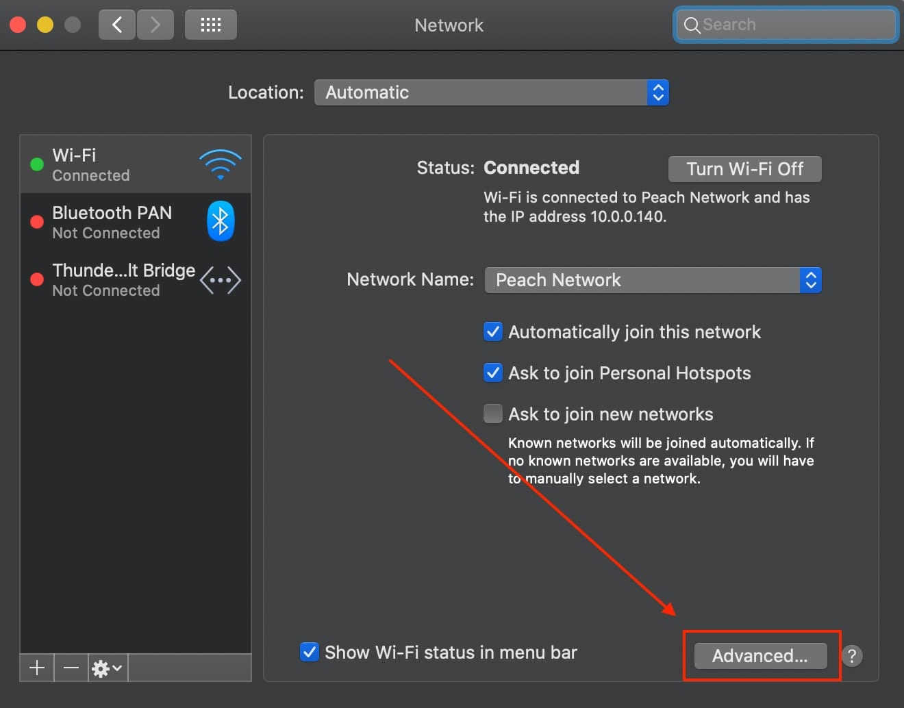 Network preferences showing the Advanced button highlighted