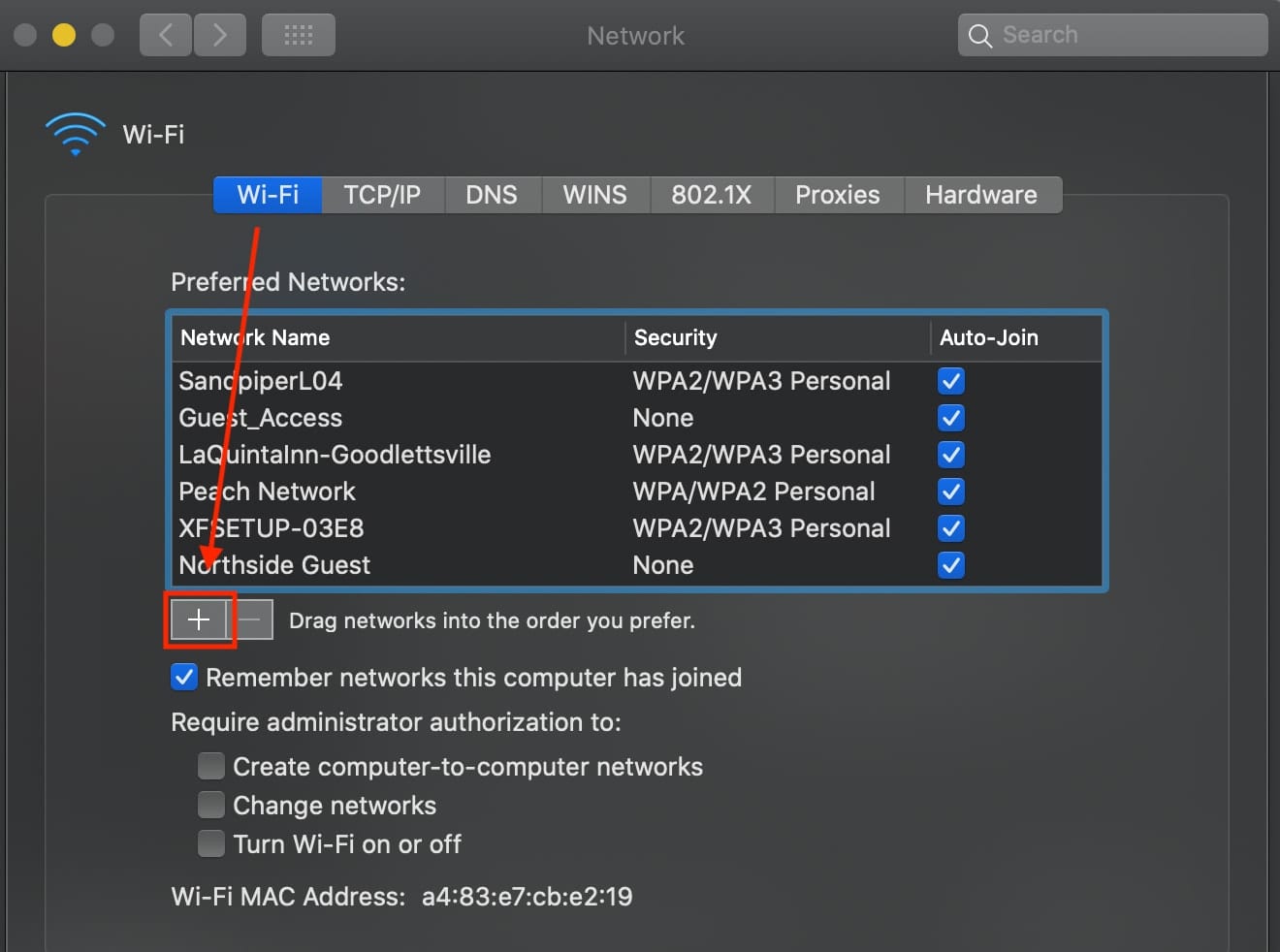 Network preferences showing the "+" button highlighted