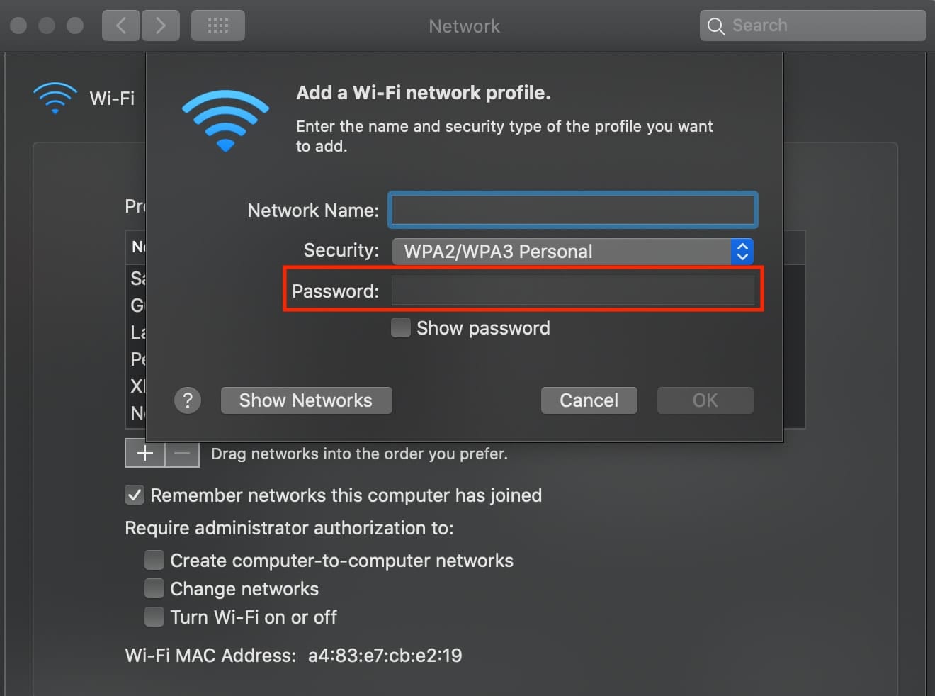 Wi-Fi network profile with password box highlighted