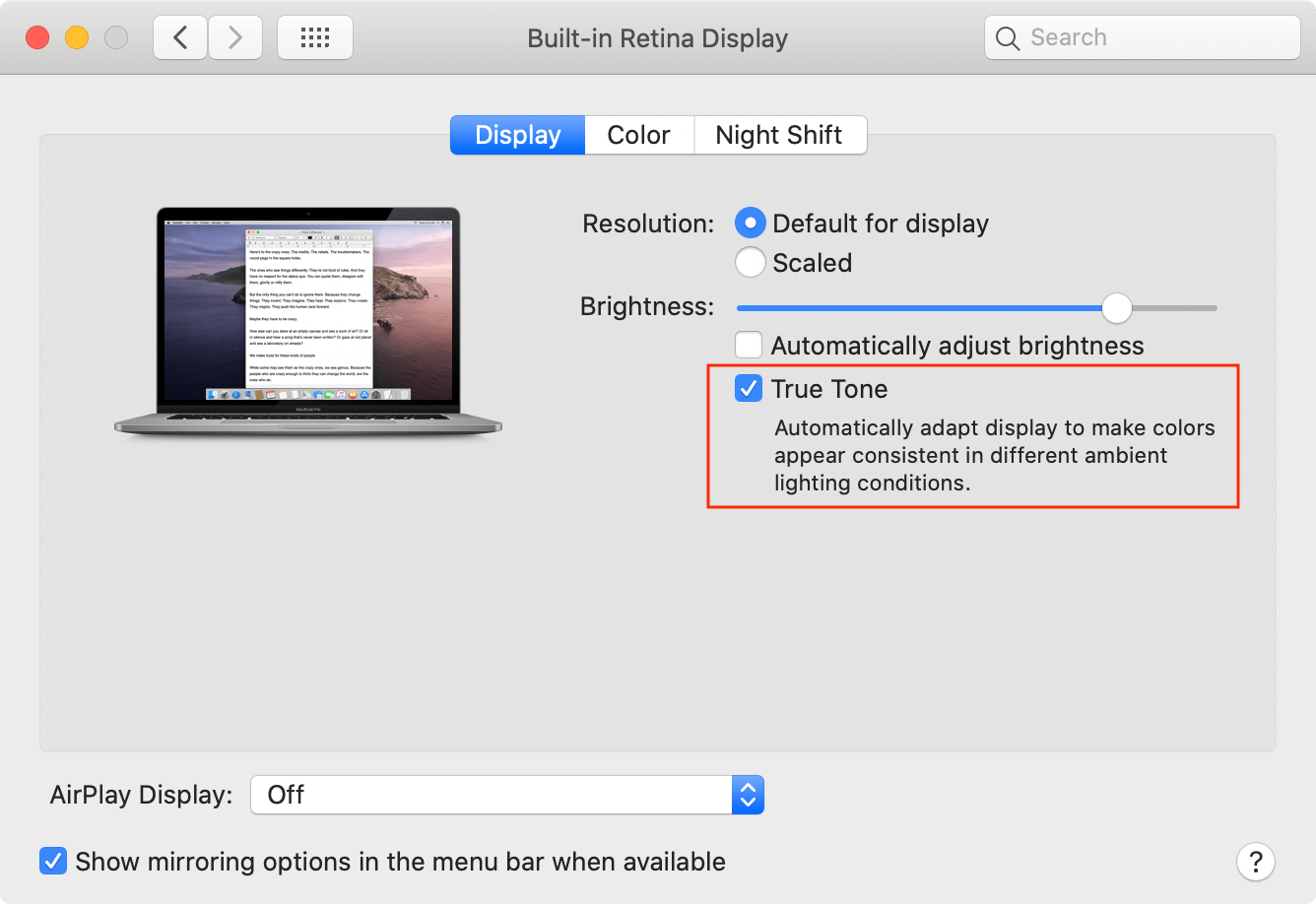 Display preferences window showing built-in retina display and true tone selected