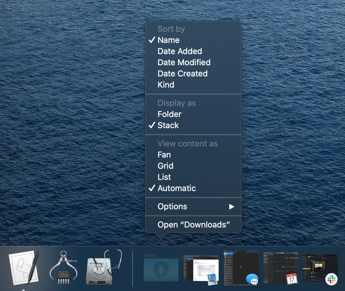 screenshot of dock stack options menu
