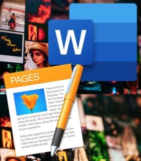 microsoft word and macos pages logos on photo collage