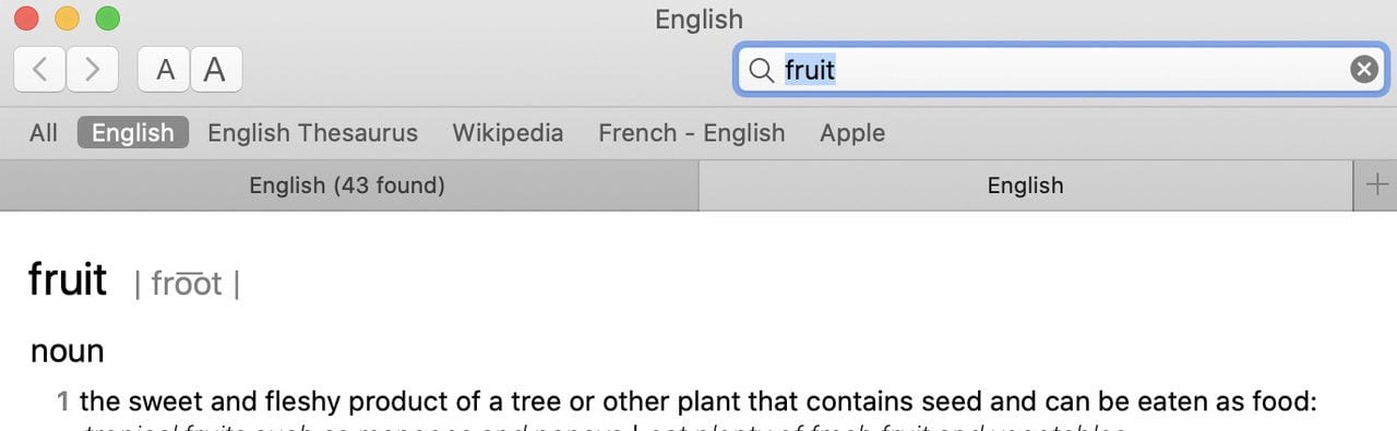 Here we've opened the word "fruit" in a new Dictionary app tab