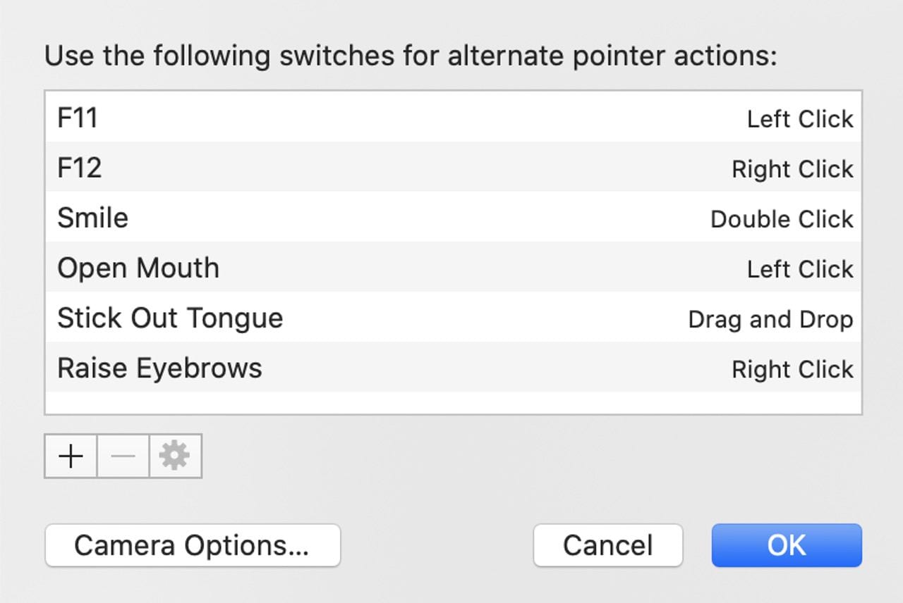 Assigning pointer actions to facial gestures