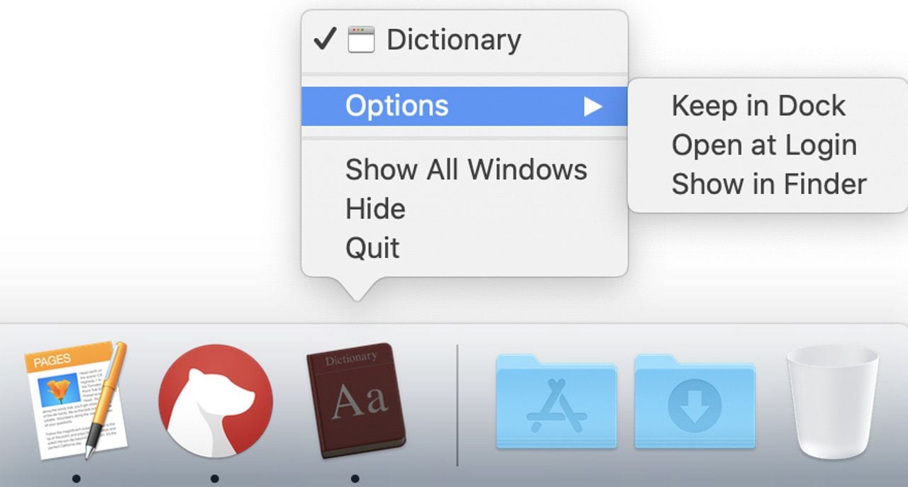 Click and hold on the Dictionary icon, then select Options > Keep in Dock to place the Dictionary app in the macOS Dock permanently