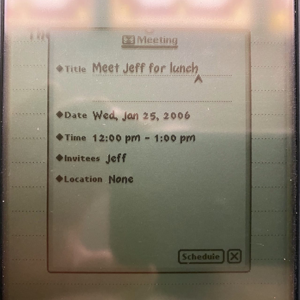 ...becomes a meeting in the Newton Calendar app. A foretaste of Siri from 1997. Note that this Newton still retained this meeting request from 2006 in 2020!