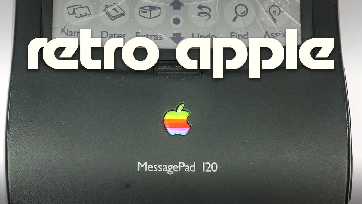 Apple Newton MessagePad 120 with text saying "retro apple"