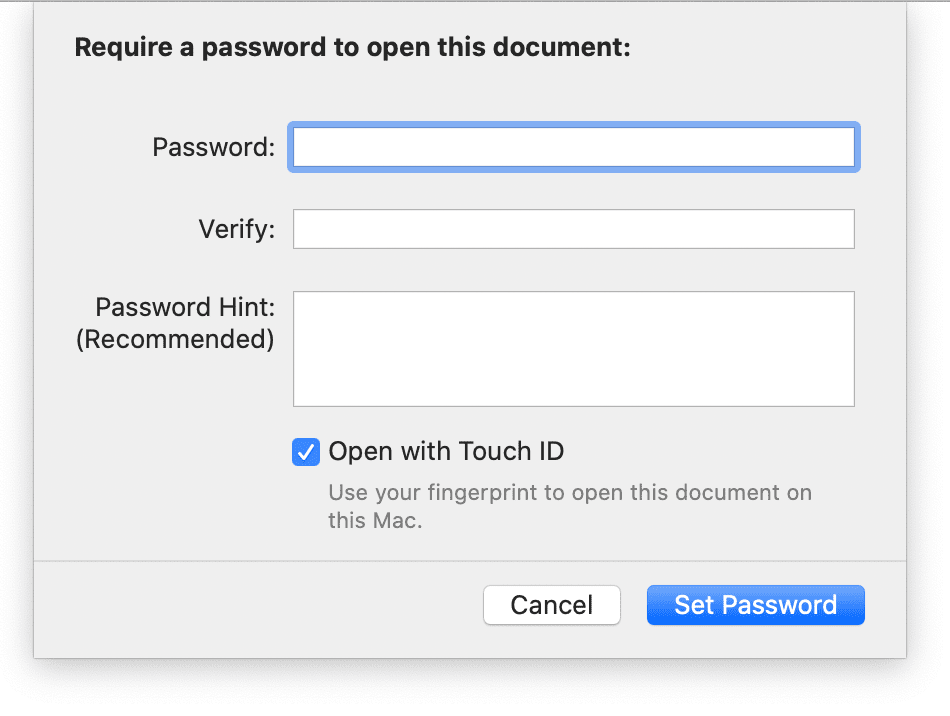Enter a document password and hint