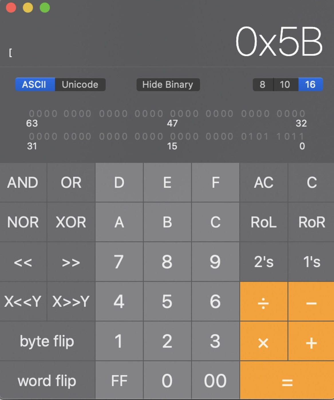 The Programmer Calculator mode includes the ability to do calculations in Base 10, Binary, Octal and Hexadecimal