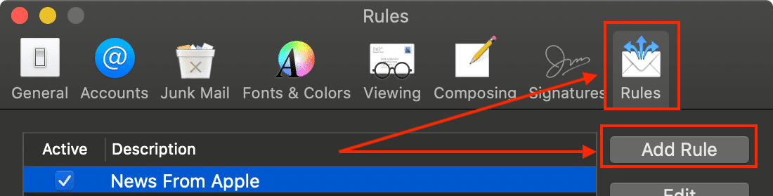 Click to add a new rule in Mail Preferences
